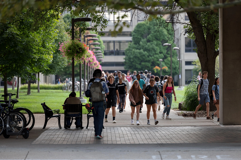 Students walk on the IUPUI campus