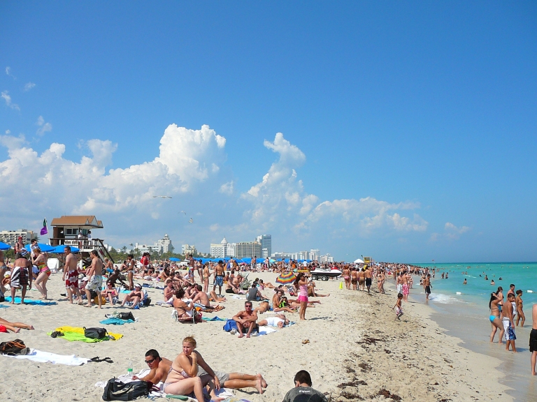 Sunbathers on a beach.