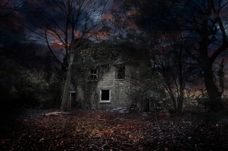 An eerie looking house sits in the middle of the woods. It's foggy and almost dark.