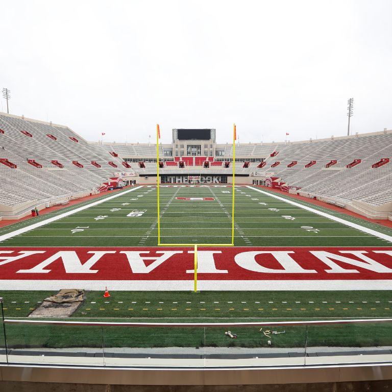 The Indiana Hoosiers and Big 10 Conference logos are seen on the Memorial  Stadium football field on the campus of Indiana University, Monday, Mar. 1,  2022, in Bloomington, Ind. (Photo by Image