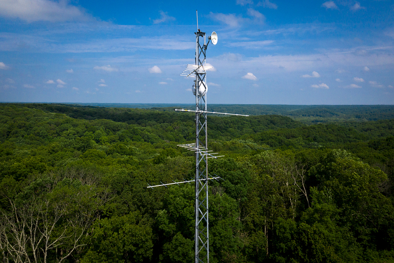 The Motus tracker on top of a tower in Nashville, Indiana