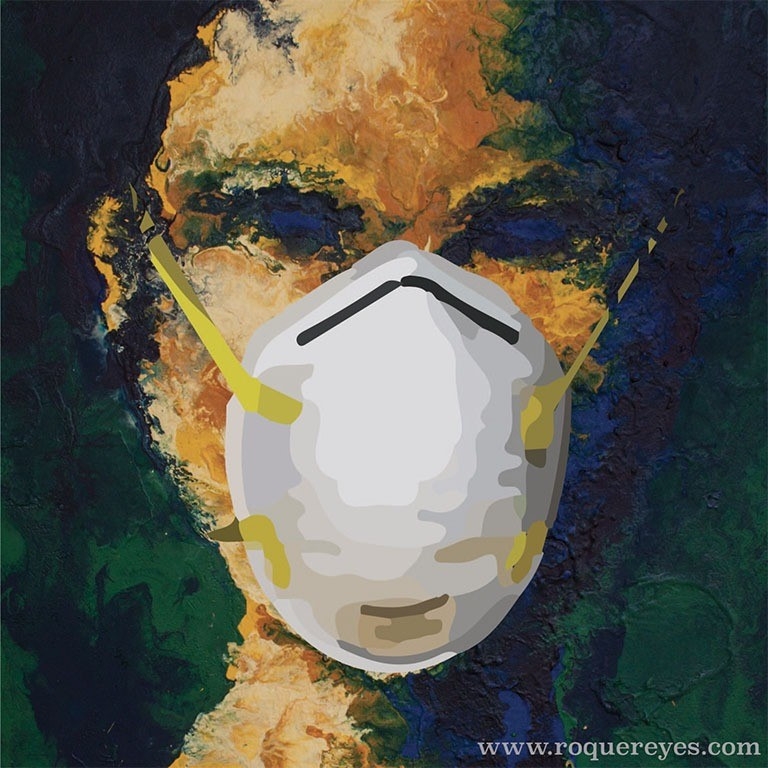 A painted image of a woman wearing a white mask to protect her from COVID-19.