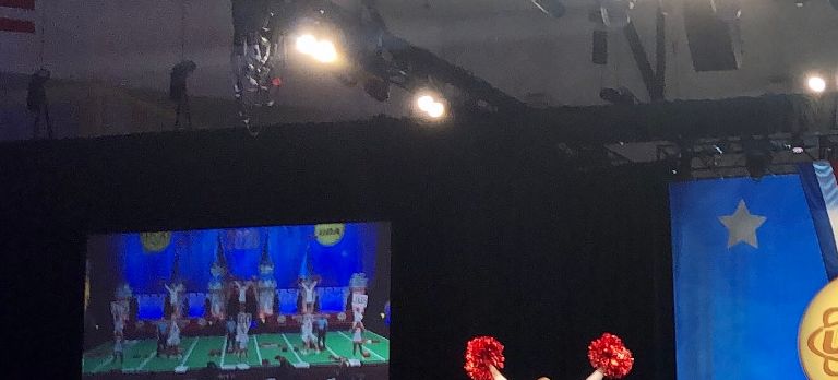 The IUPUI cheer team mid-competition at the UCA Nationals in Orlando Florida.