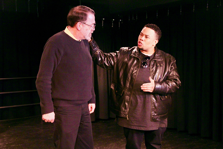 From left, John Hayes and Jay Fuqua rehearse a scene in 'Price of Progress'