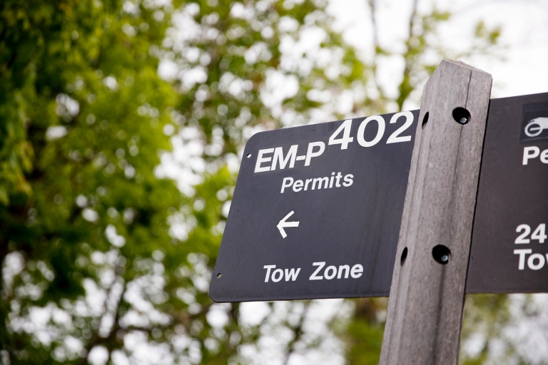 An EM-P parking sign on the IU Bloomington campus