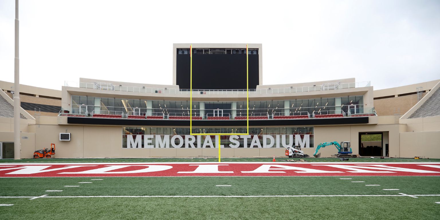 The Indiana Hoosiers and Big 10 Conference logos are seen on the Memorial  Stadium football field on the campus of Indiana University, Monday, Mar. 1,  2022, in Bloomington, Ind. (Photo by Image