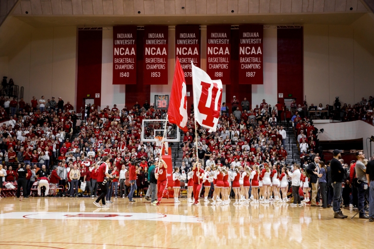 Fans at a basketball game in Assembly Hall